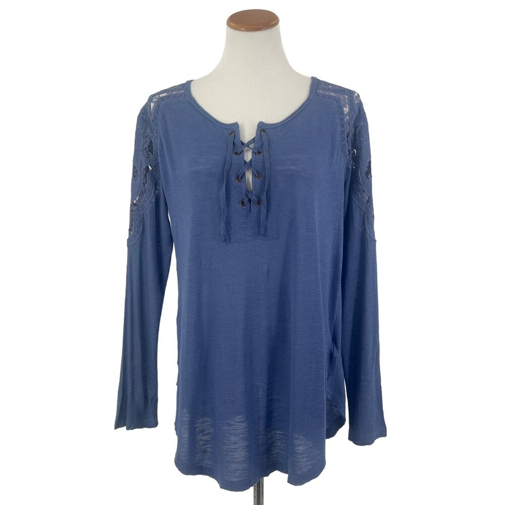 Free People Casual Boho Lace-Shoulder Lace Up Long Sleeve Top - Picture 3 of 11